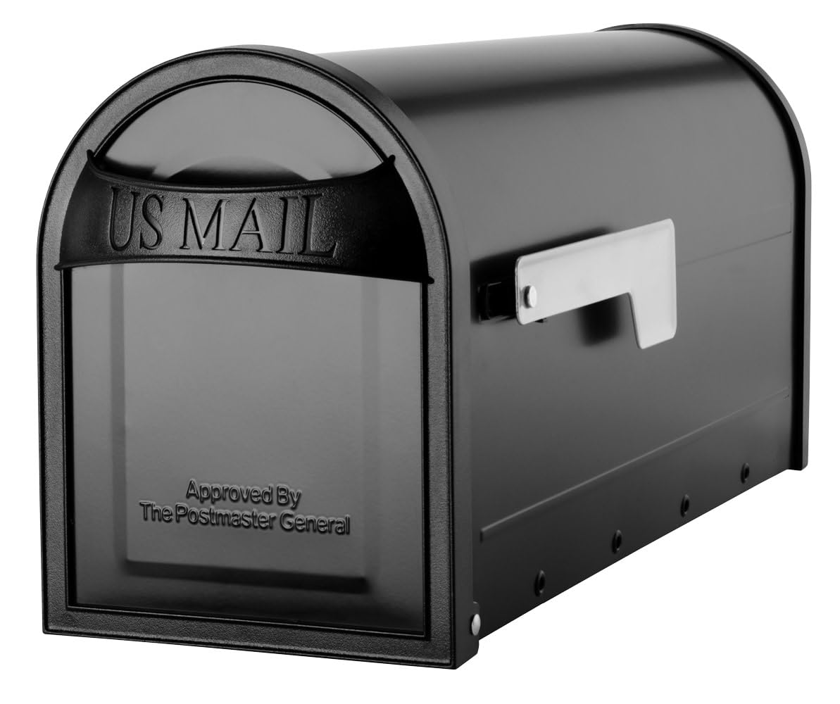 Architectural Mailboxes Carlisle postmount mailbox, front view, weather-tough black finish.