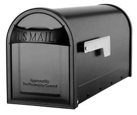 Architectural Mailboxes Carlisle postmount mailbox, front view, weather-tough black finish.