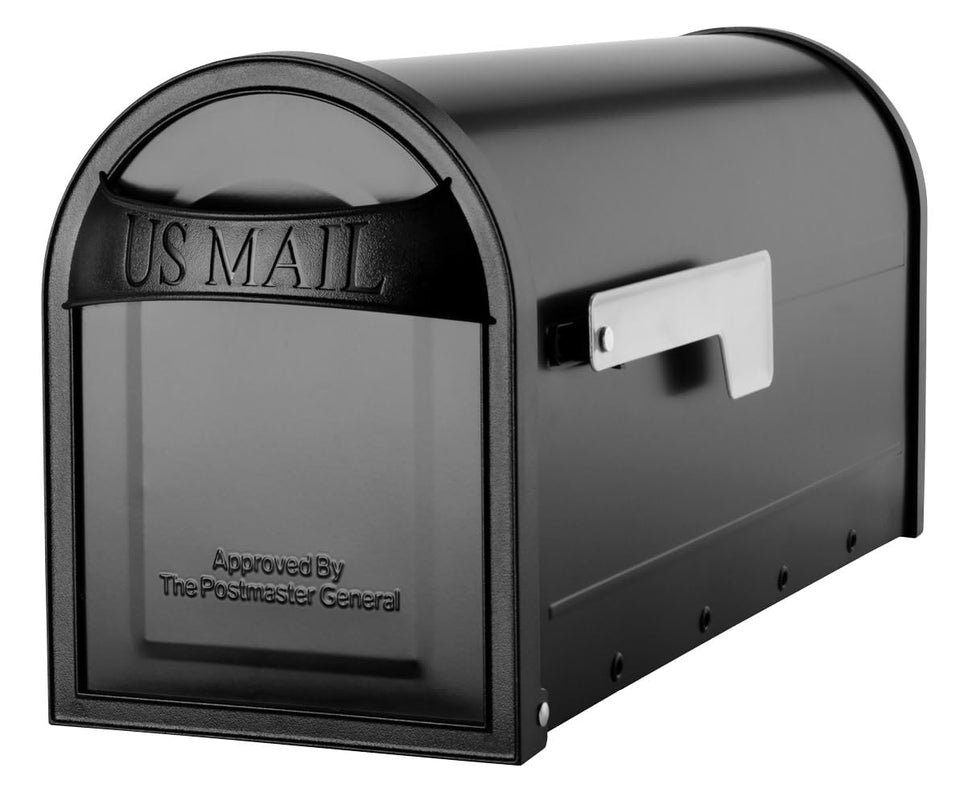 Architectural Mailboxes Carlisle postmount mailbox, front view, weather-tough black finish.