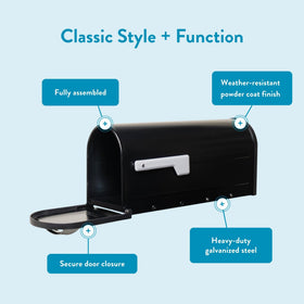 Architectural Mailboxes Carlisle postmount mailbox, rust-resistant black powder coat detail.