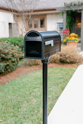 Architectural Mailboxes Carlisle postmount mailbox, side view, durable galvanized steel construction.