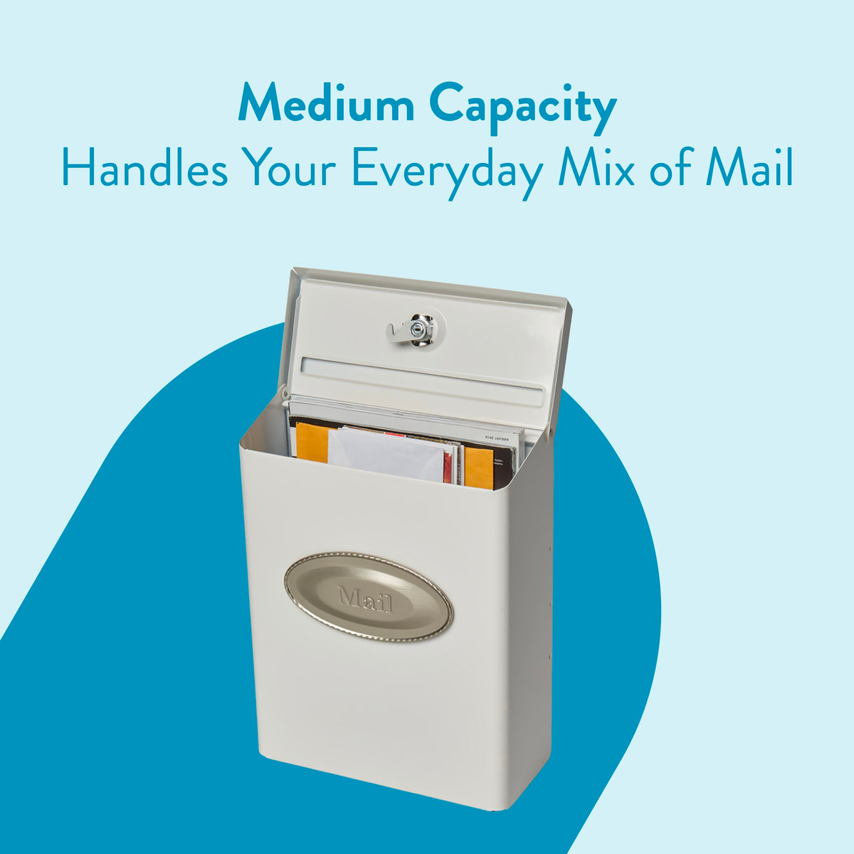 Outdoor wall-mount mailbox weather-resistant finish protects against rain and sun.