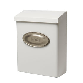 Architectural Mailboxes Designer locking wall mount mailbox in white satin nickel, front view, secure mail access.
