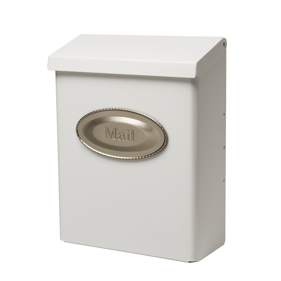 Architectural Mailboxes Designer locking wall mount mailbox in white satin nickel, front view, secure mail access.
