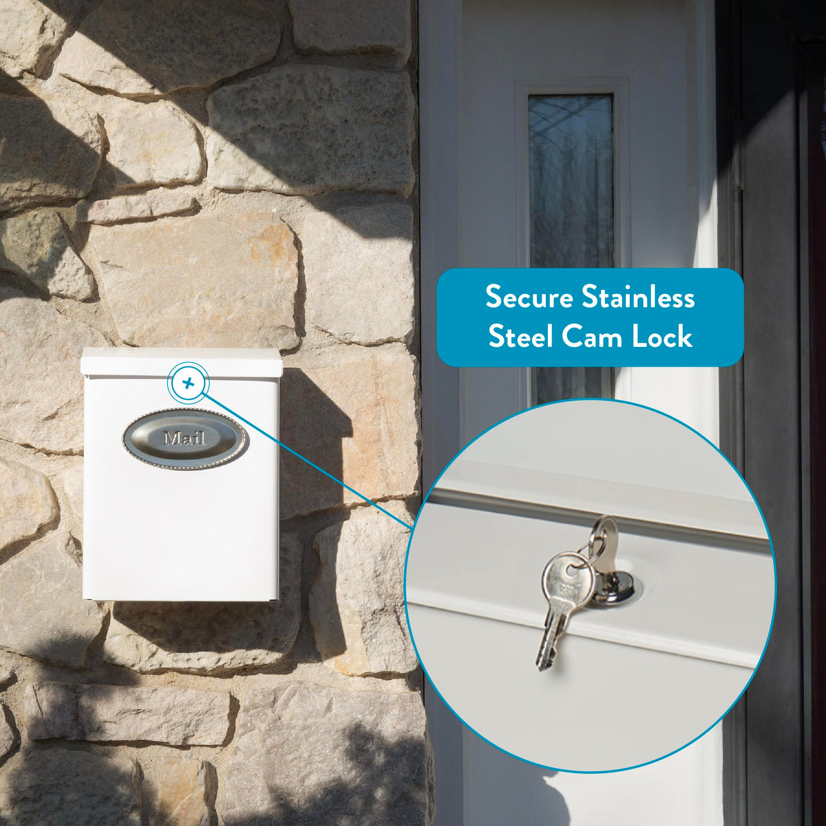Designer galvanized steel mailbox close-up of concealed lock for added security.