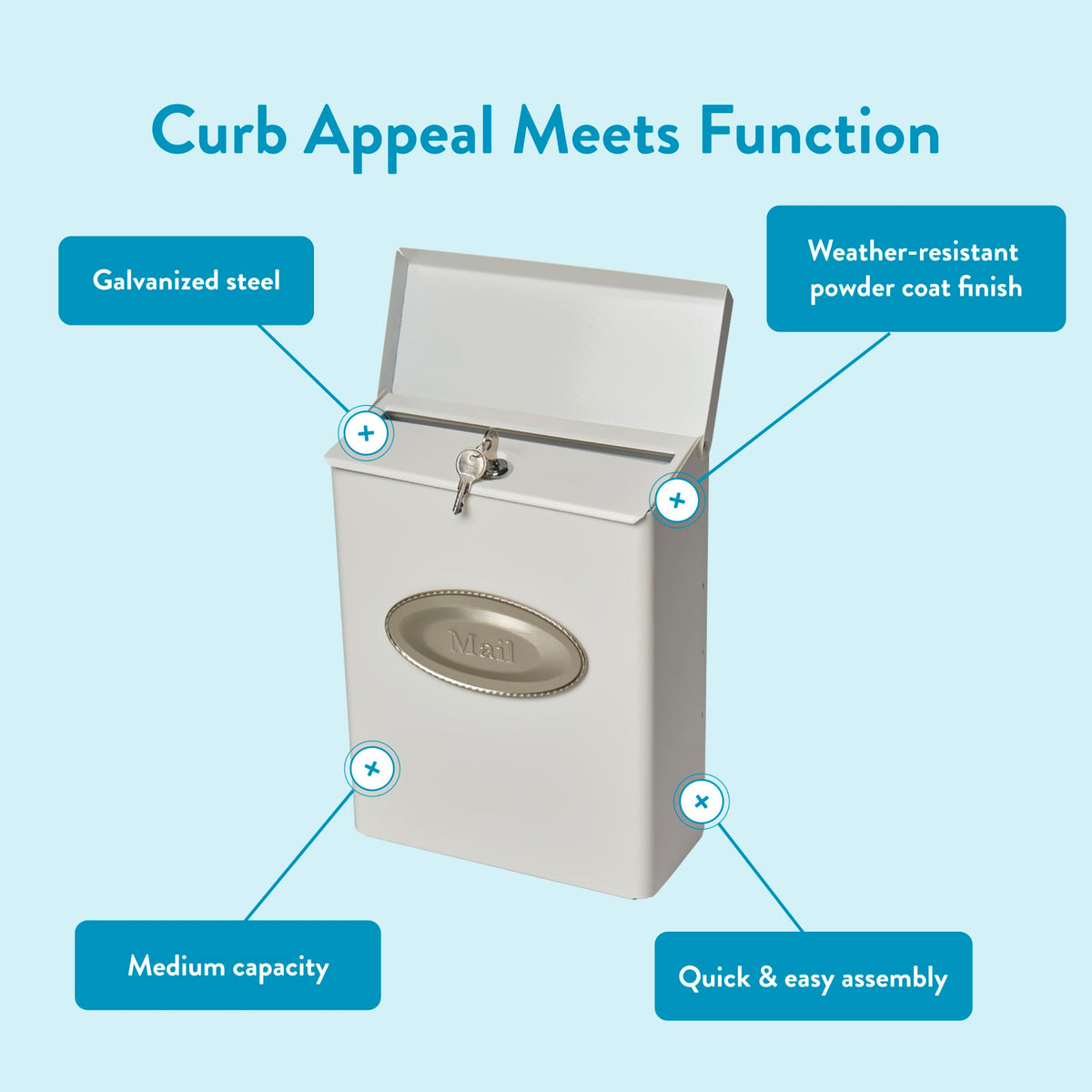 Medium-sized locking mailbox provides ample space for daily mail and magazines.