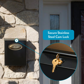 Architectural Mailboxes Designer locking mailbox side view highlighting sturdy galvanized steel construction