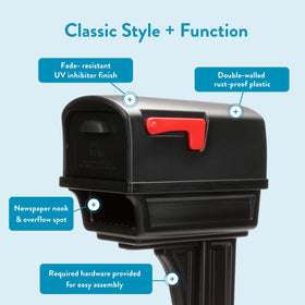 ARCHITECTURAL MAILBOXES Gentry separate lower compartment for overflow deliveries.