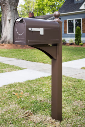 Architectural Mailboxes Landover post side profile highlights lightweight aluminum strength.