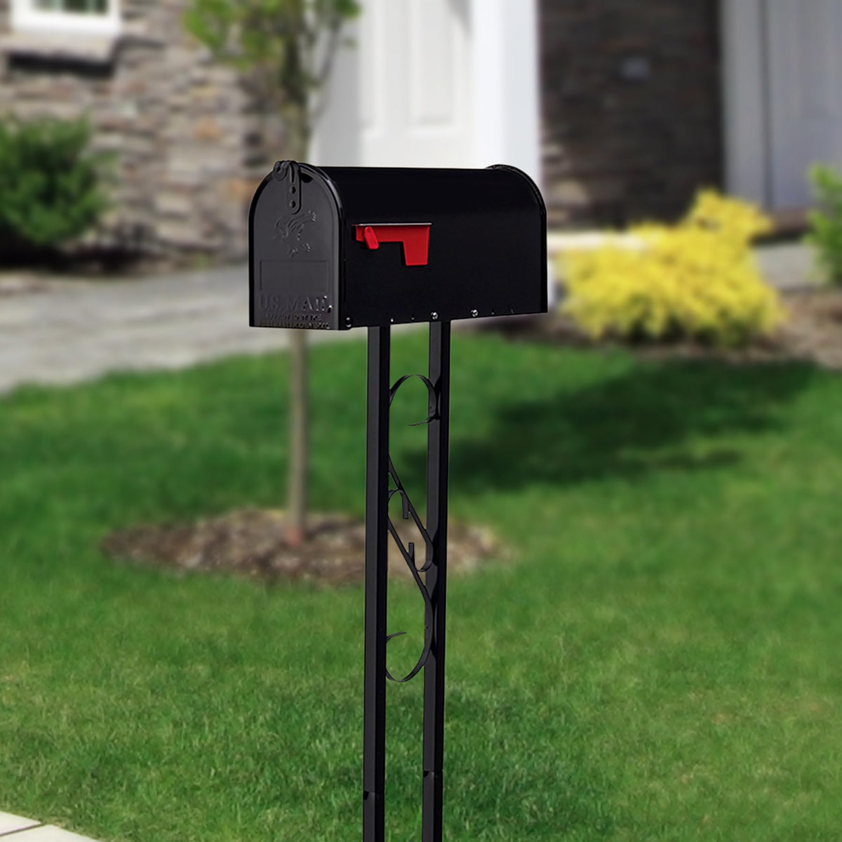 Architectural Mailboxes Mailbox-To-Go side detail reveals embossed eagle and scroll post for classic charm