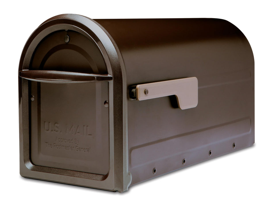 ARCHITECTURAL MAILBOXES Mapleton heavy-duty steel post-mounted mailbox in rubbed bronze, front view.
