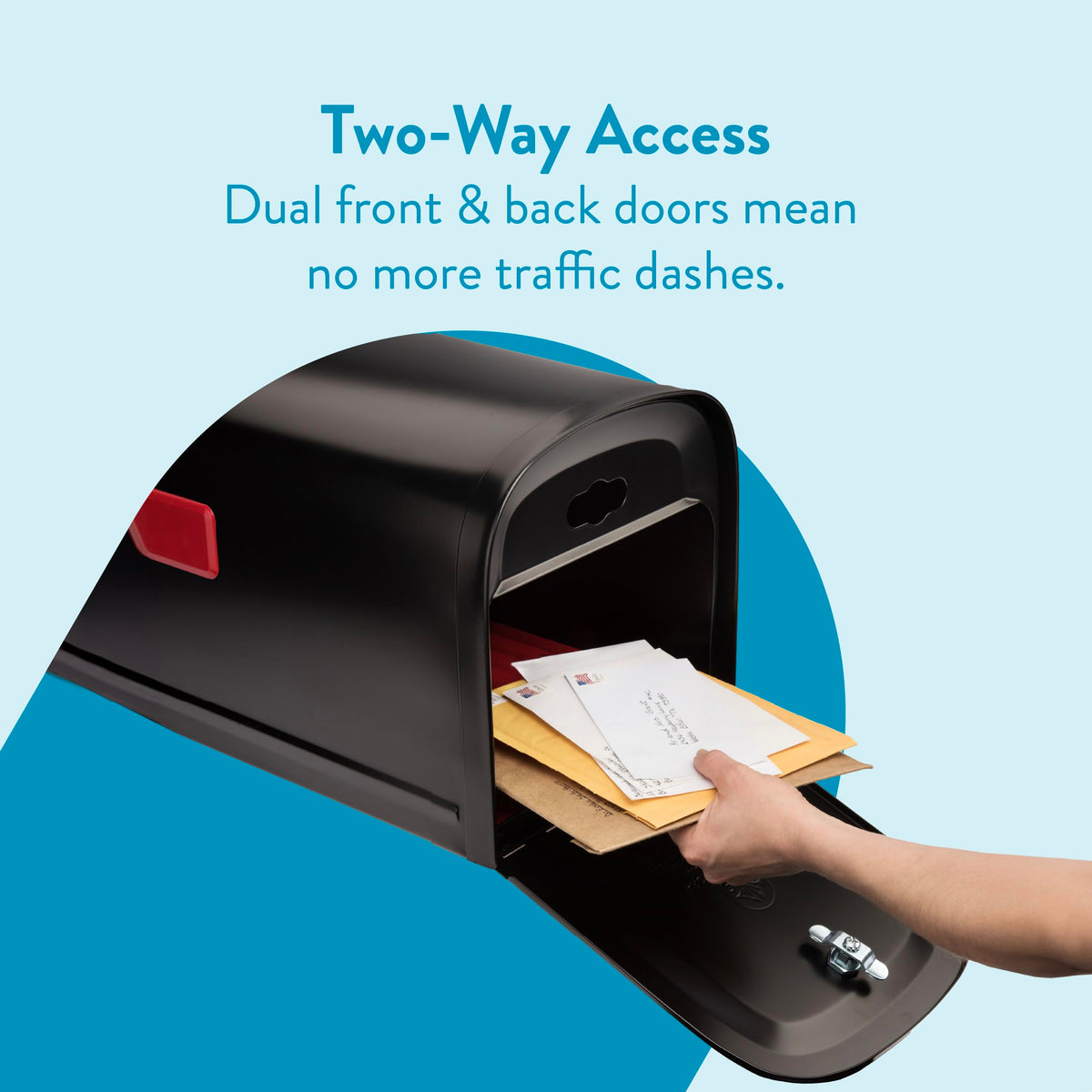 Architectural Mailboxes Oasis 360 black powder coat finish blends with exterior decor while protecting metal.