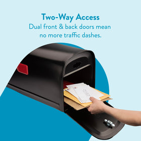 Architectural Mailboxes Oasis 360 black powder coat finish blends with exterior decor while protecting metal.