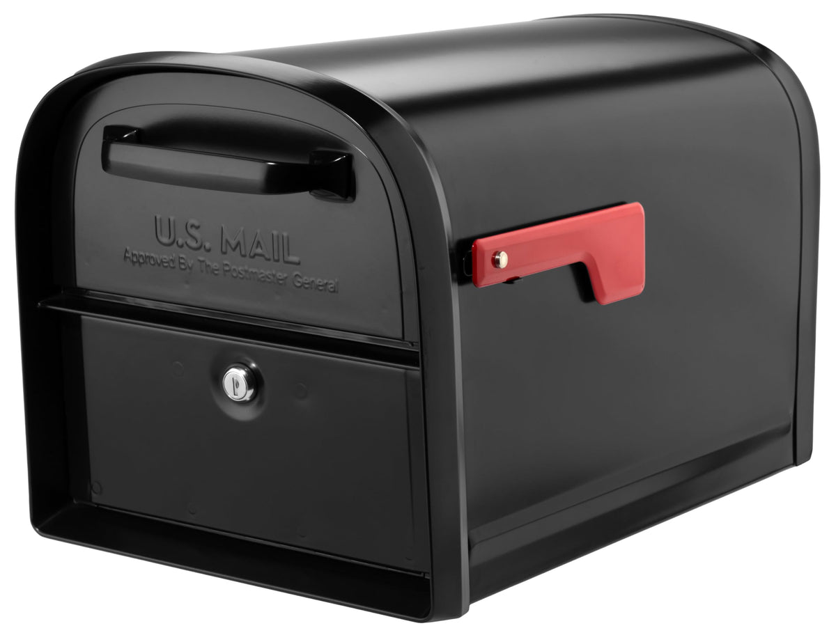 Architectural Mailboxes Oasis 360 front view showing secure, weatherproof parcel box for curbside use.