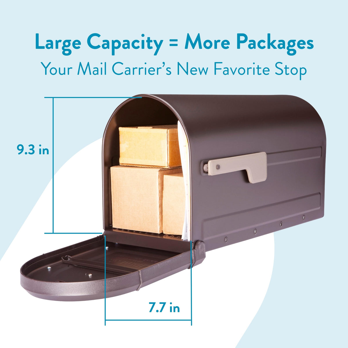 Roxbury front view shows spacious interior for mail and small packages.