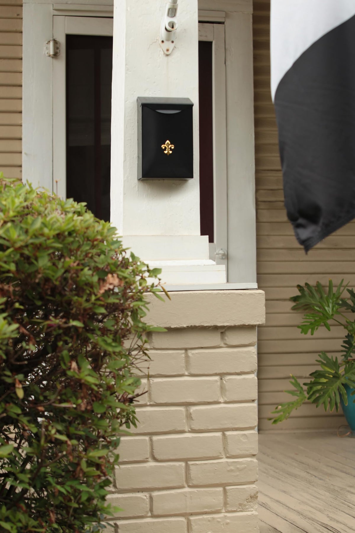 City Classic emblem detail highlights fleur-de-lis charm on exterior mailbox