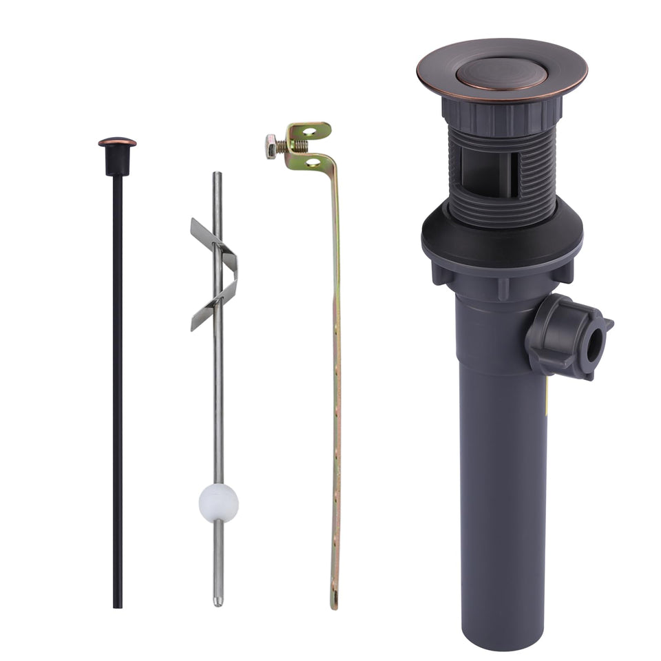 ARCORA lift-rod drain in oil-rubbed bronze for vessel sinks.