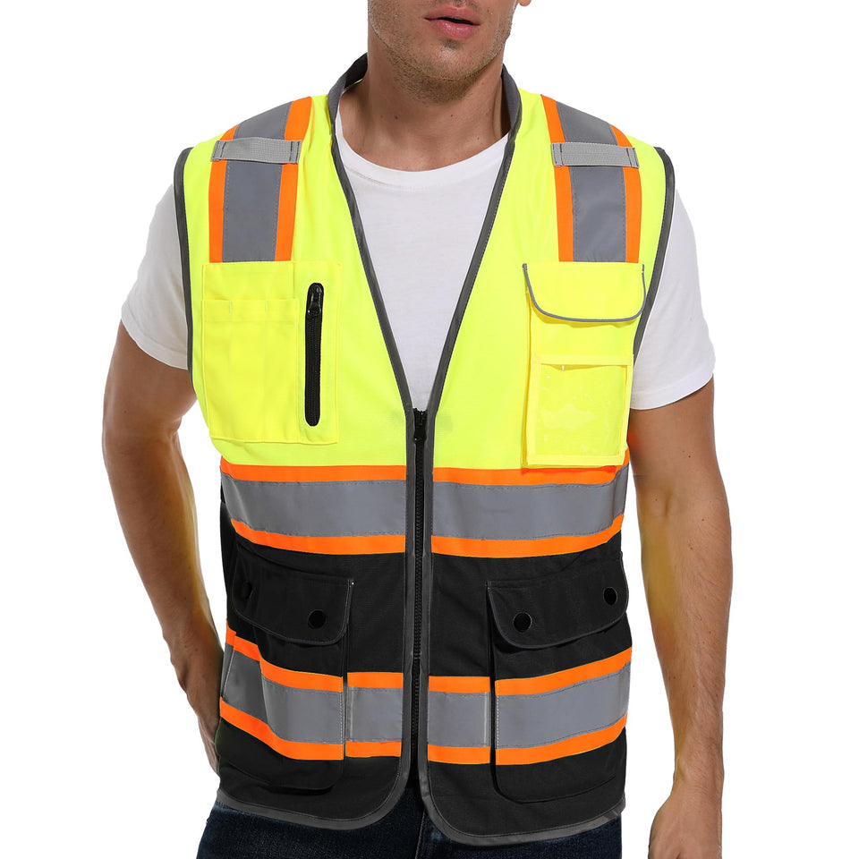 ArcRidge reflective vest front view with dual-tone strips for high visibility