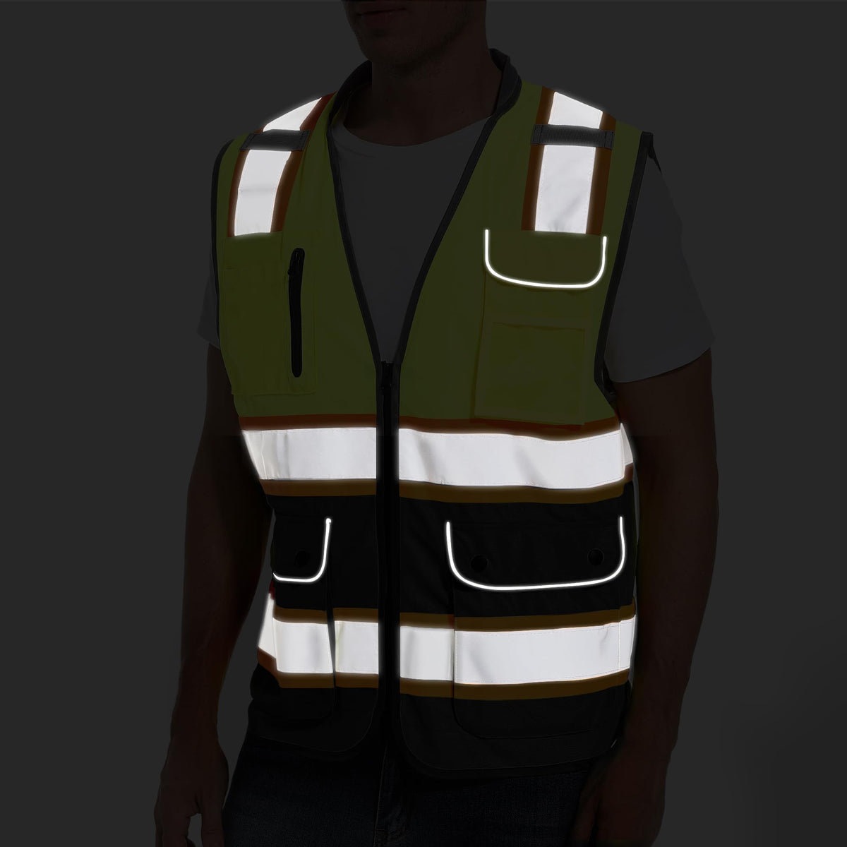 ArcRidge Vest dual-tone strips illustrate high visibility in low light.