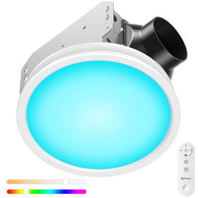 Arecovas bathroom fan with RGB panel illuminating a bright shower space and ventilating air