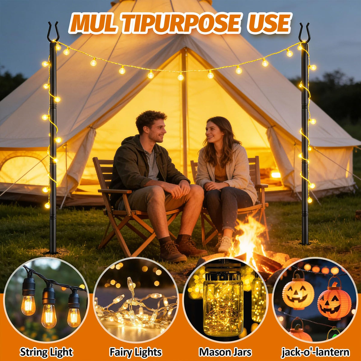 Aredy string light poles showcase side support rods for added stability.