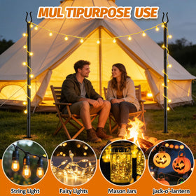 Aredy string light poles showcase side support rods for added stability.