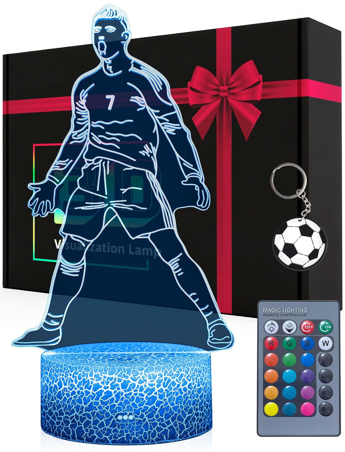 ARERG soccer night light Siuuu figurine glows playfully in a bedroom.