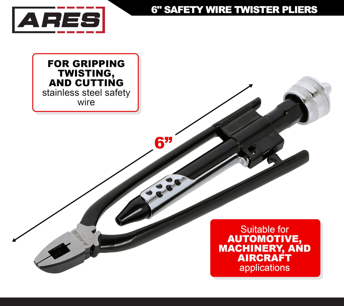 Close-up of ARES chrome vanadium jaws gripping stainless safety wire.