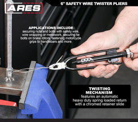 ARES 6-Inch Safety Wire Twister Pliers with tapered jaws for tight spots.