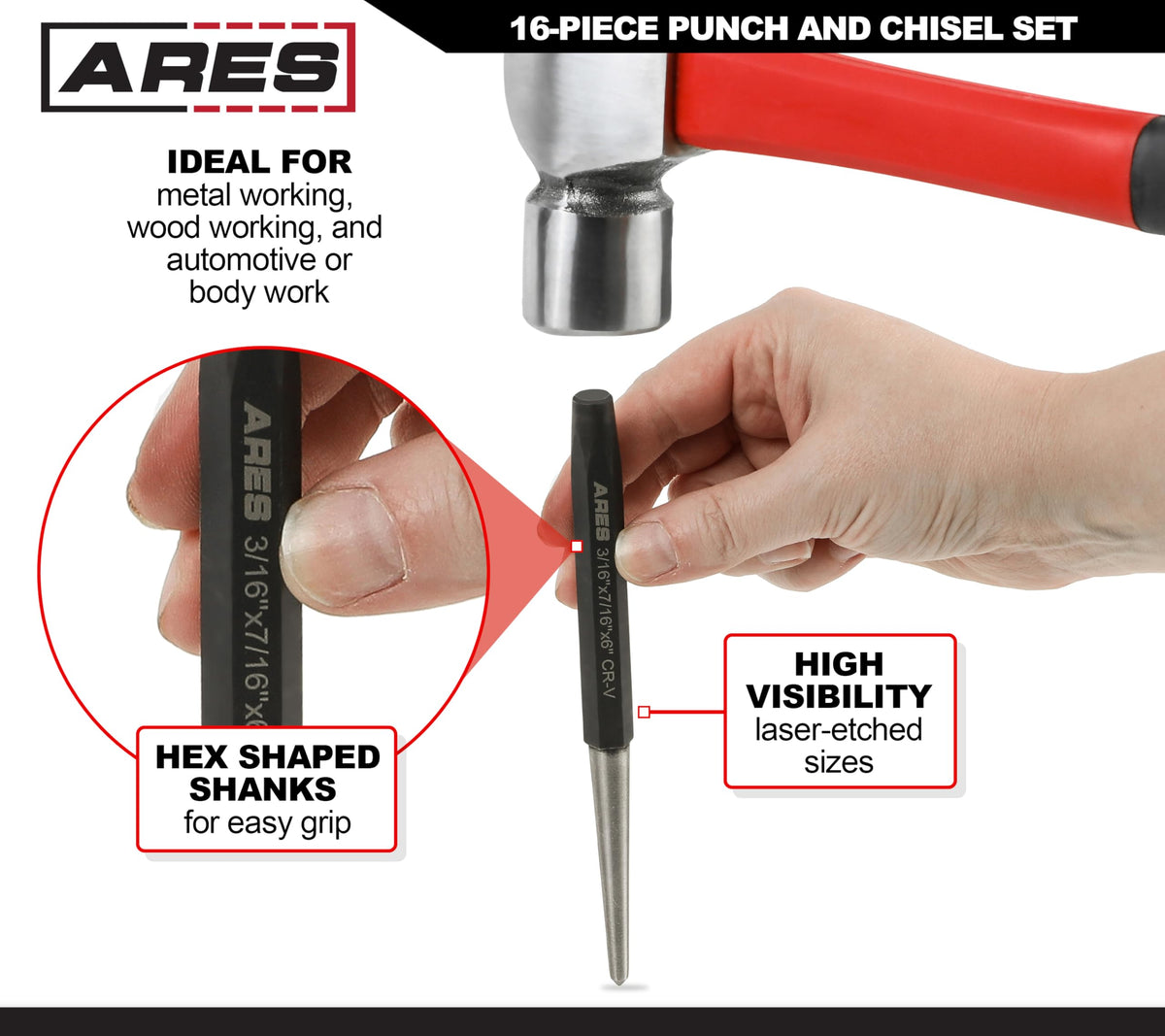 ARES cold chisels in three widths for cutting and shaping metal or wood