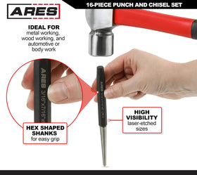 ARES cold chisels in three widths for cutting and shaping metal or wood