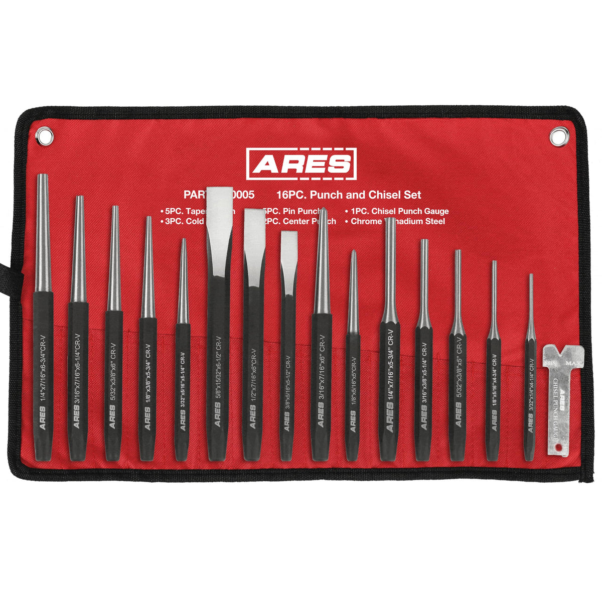 ARES punch and chisel set with roll pouch for organized tool storage