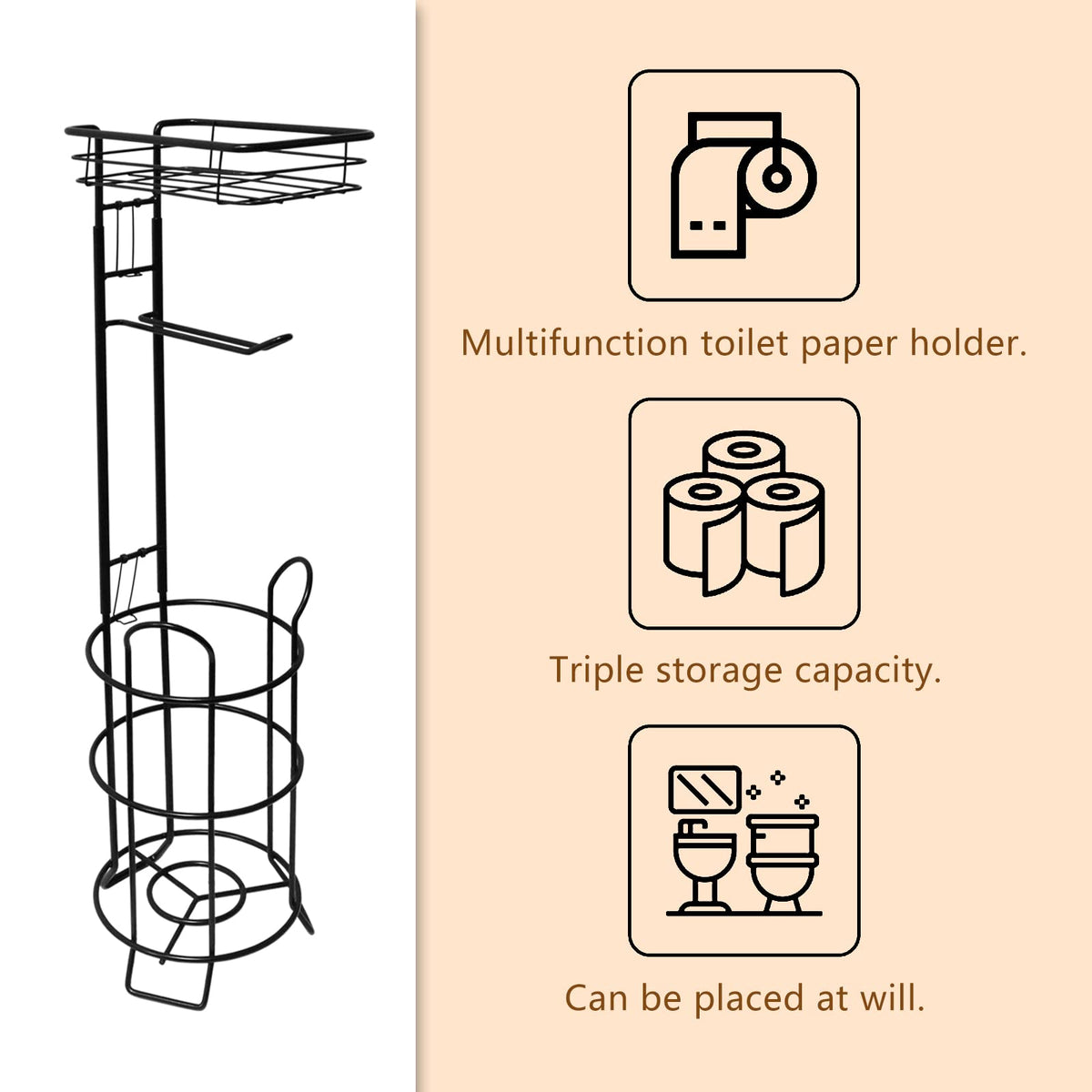 Argatin freestanding bathroom storage stand movable for flexible placement.