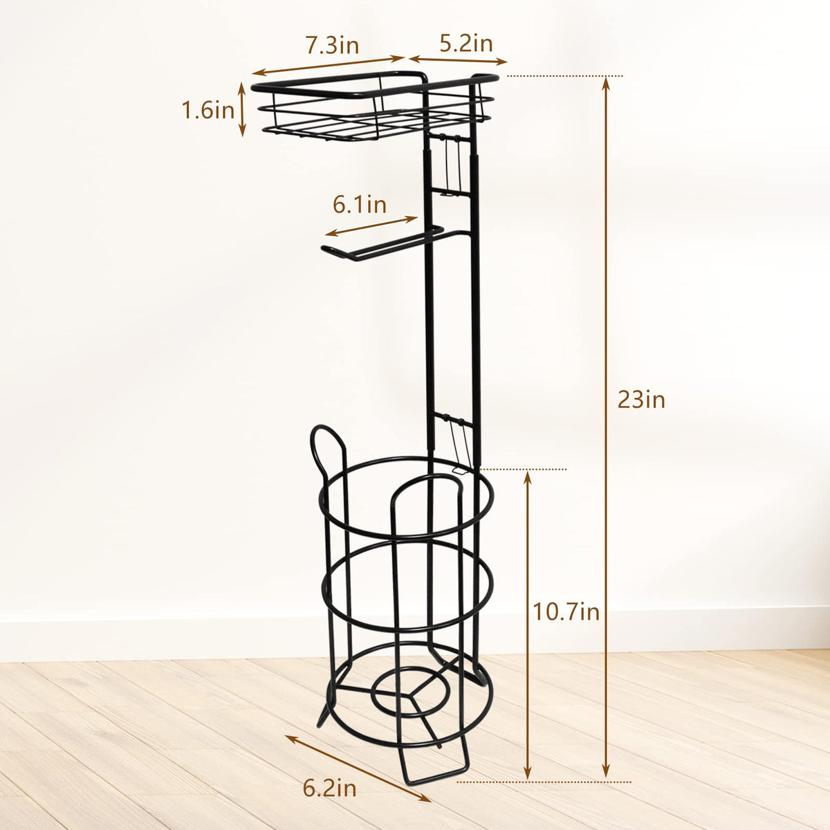 Argatin toilet paper roll dispenser with top shelf in black for extra storage.