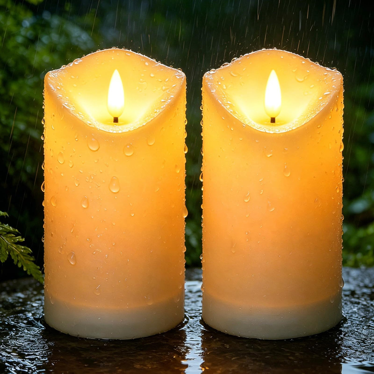 ARIKJ solar garden candles in a lantern display with warm ambient glow.