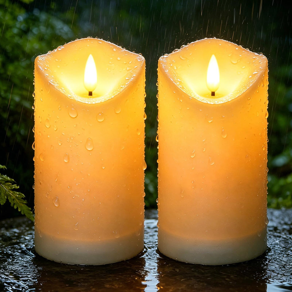 ARIKJ solar garden candles in a lantern display with warm ambient glow.