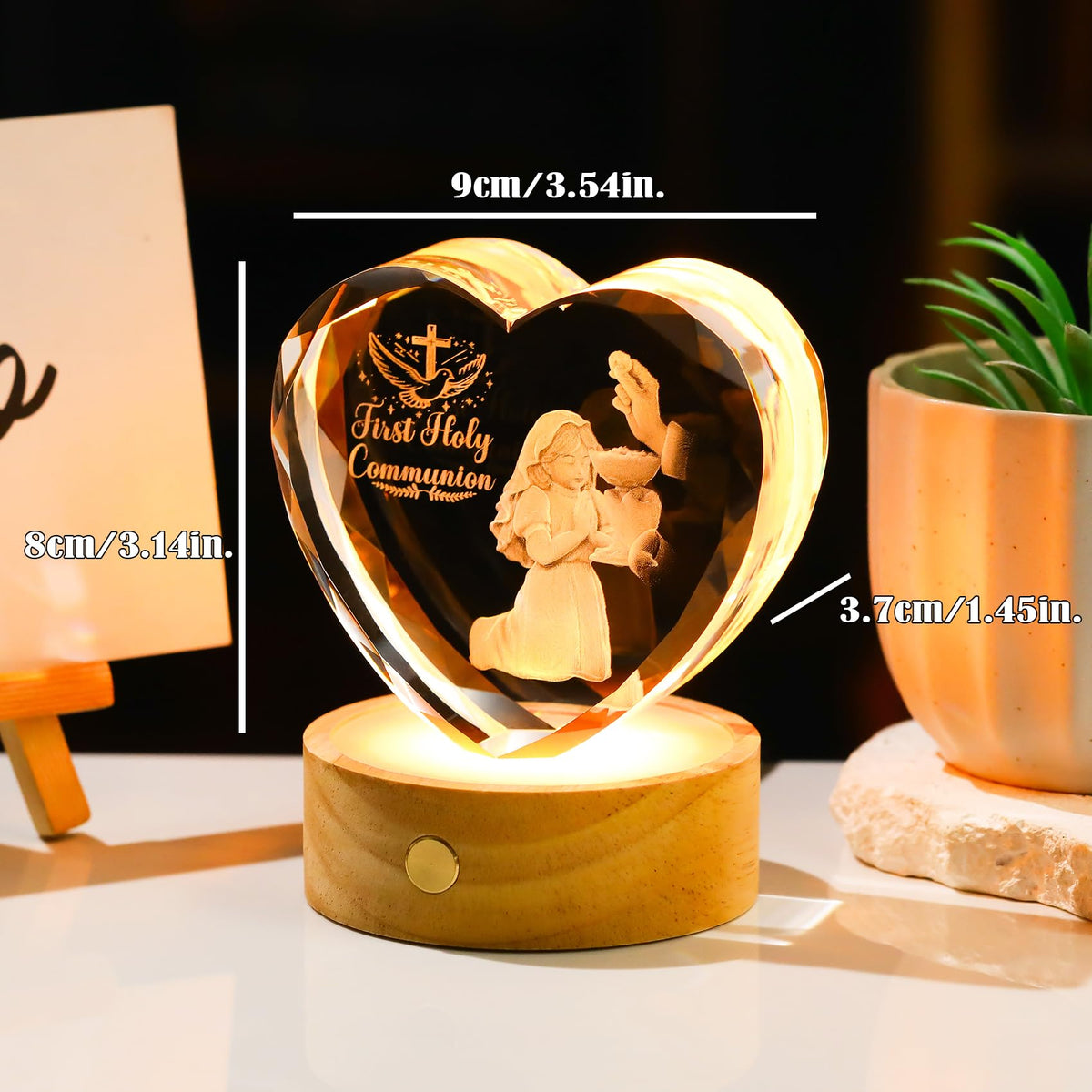 Arikyrist crystal heart on wooden light base adds warm color to any room.