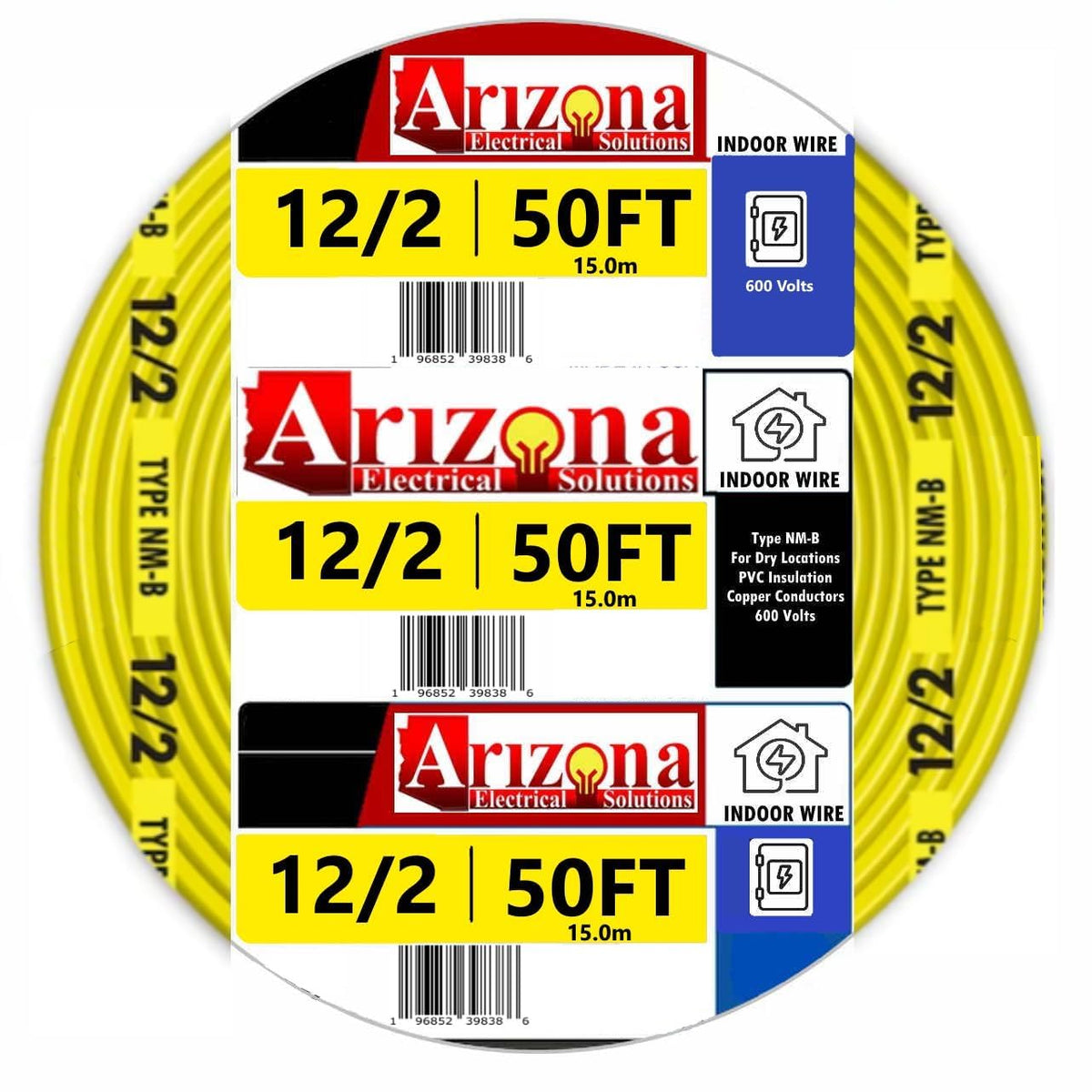 Arizona Electrical Solutions 50ft 12-2 NM-B cable yellow spool for residential wiring