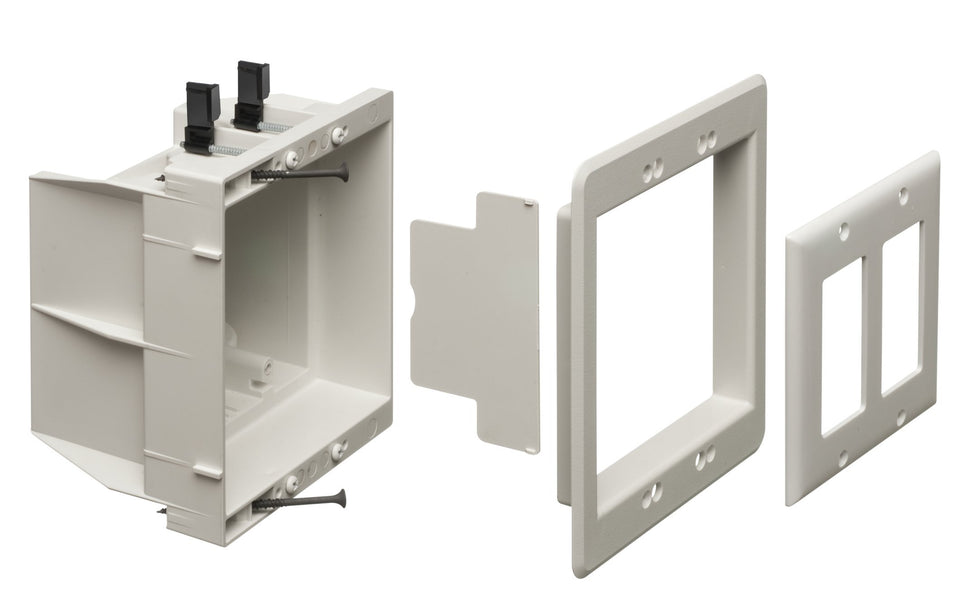 Arlington DVFR2W-1 recessed box closeup for flush wall mounting and clean outlets