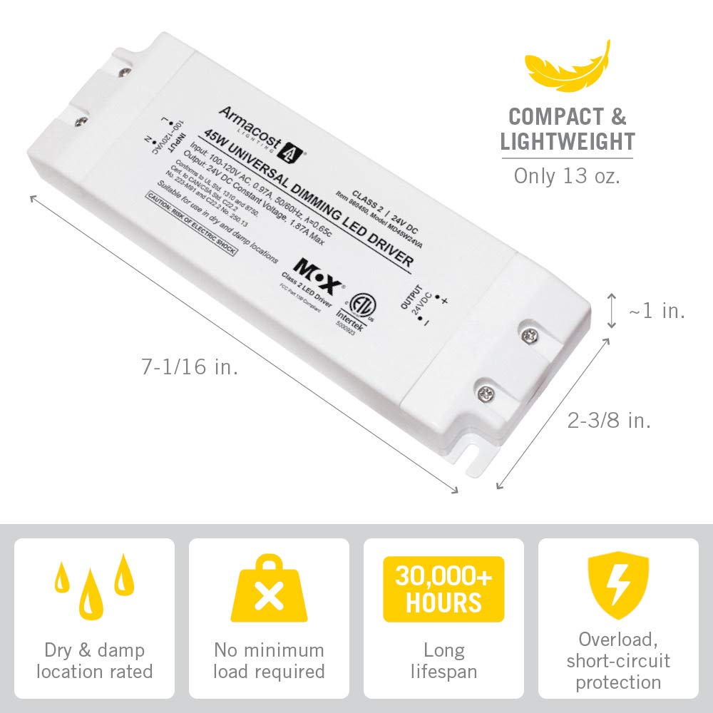 Armacost Lighting 24V LED power supply powers strips and puck lights with stable output.