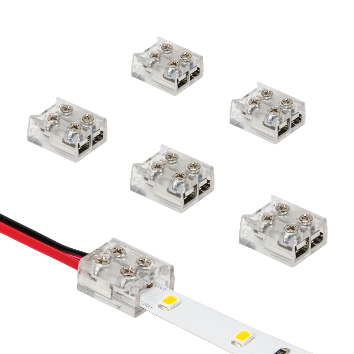 Armacost Lighting 2 pin tape-to-wire connector close-up showing secure screw mechanism.