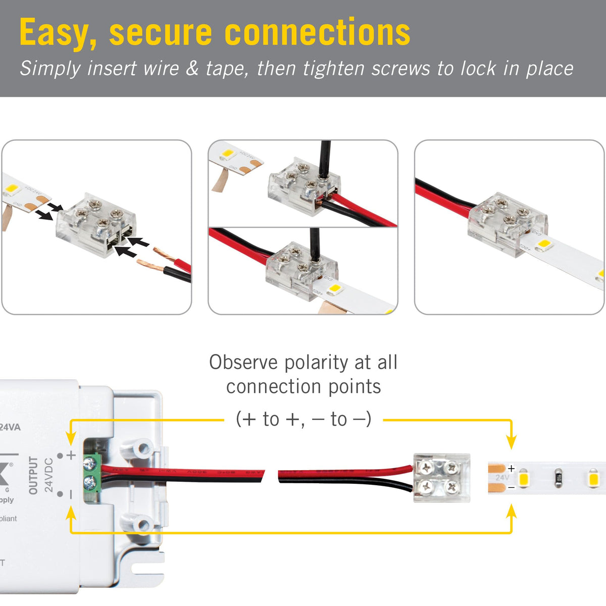 Armacost Lighting 2 pin connector in use reconnecting LED tape to power supply.