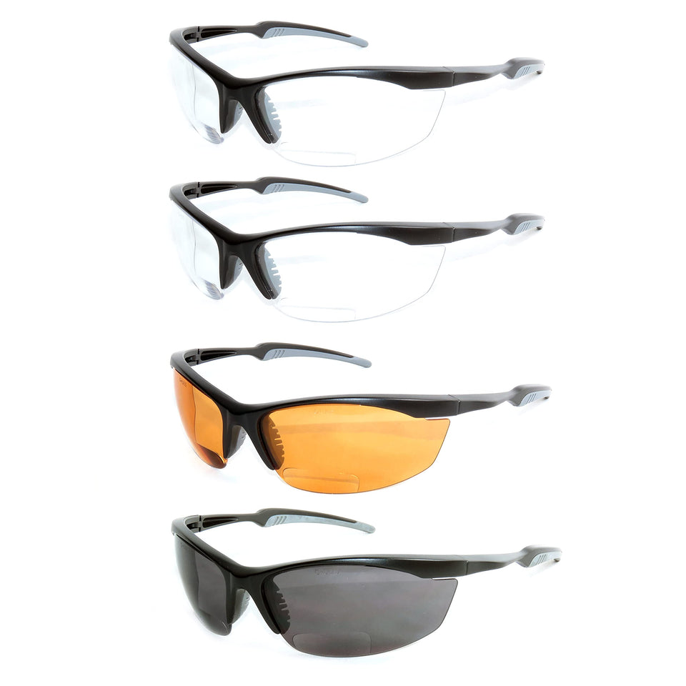 Armitage four-pair safety bifocal glasses in assorted colors for versatile eye protection.