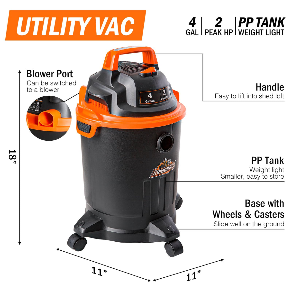 VO405P attachments including nozzles and brush for spills and debris.