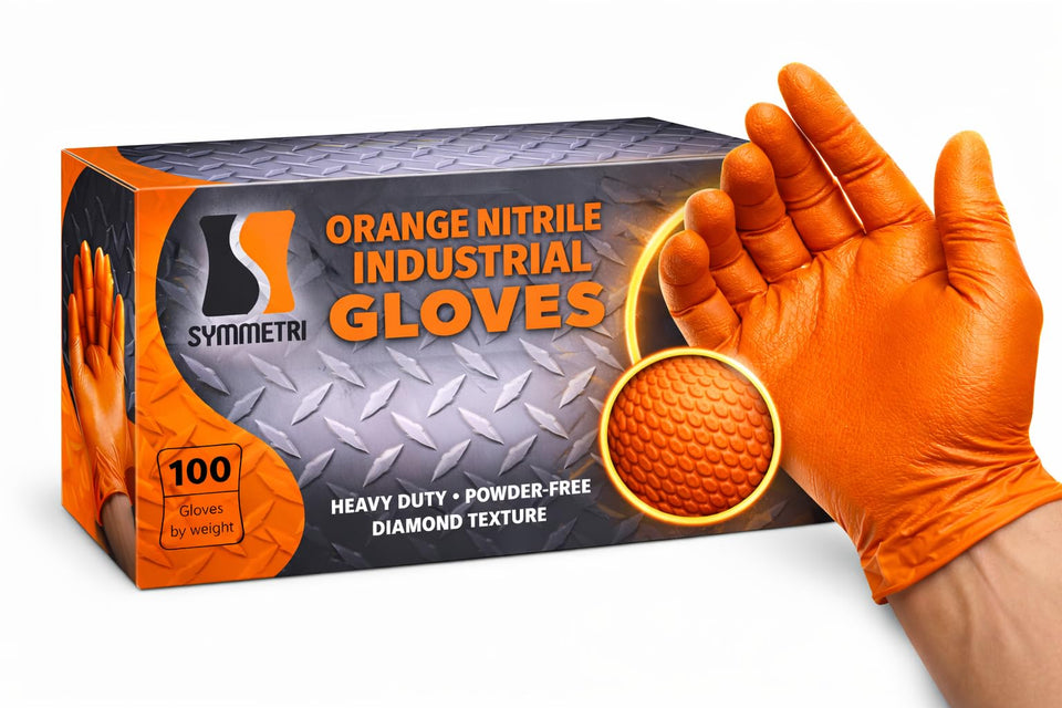 AroCare orange nitrile gloves with 8mil diamond grip for reliable handling.