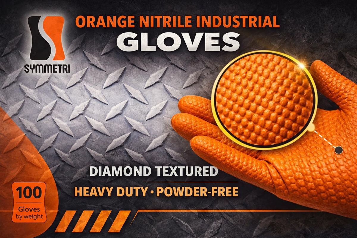 AroCare orange nitrile gloves in X-Large for a secure fit.