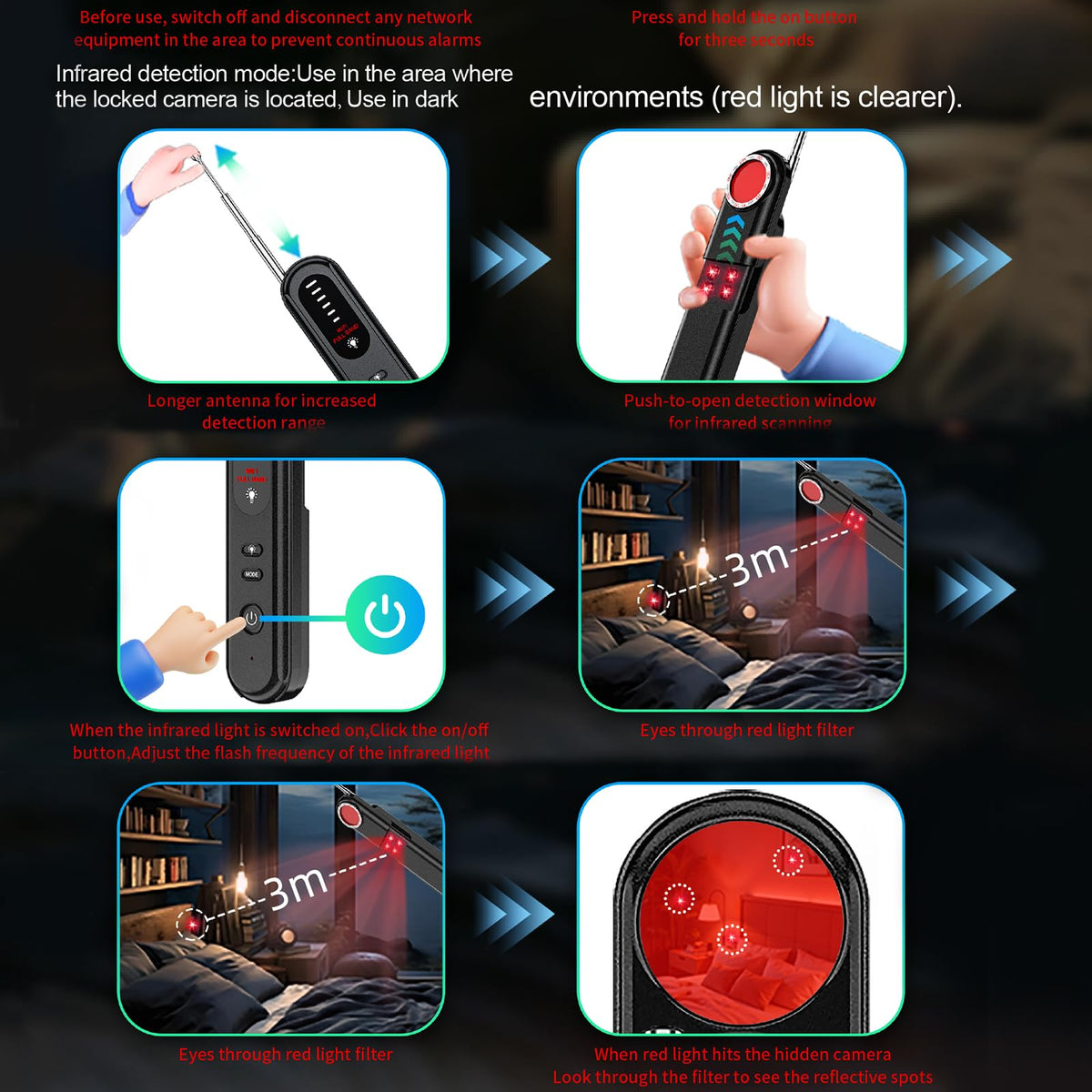 Aroeally Hidden Camera Detector uses flashlight mode for dark rooms.