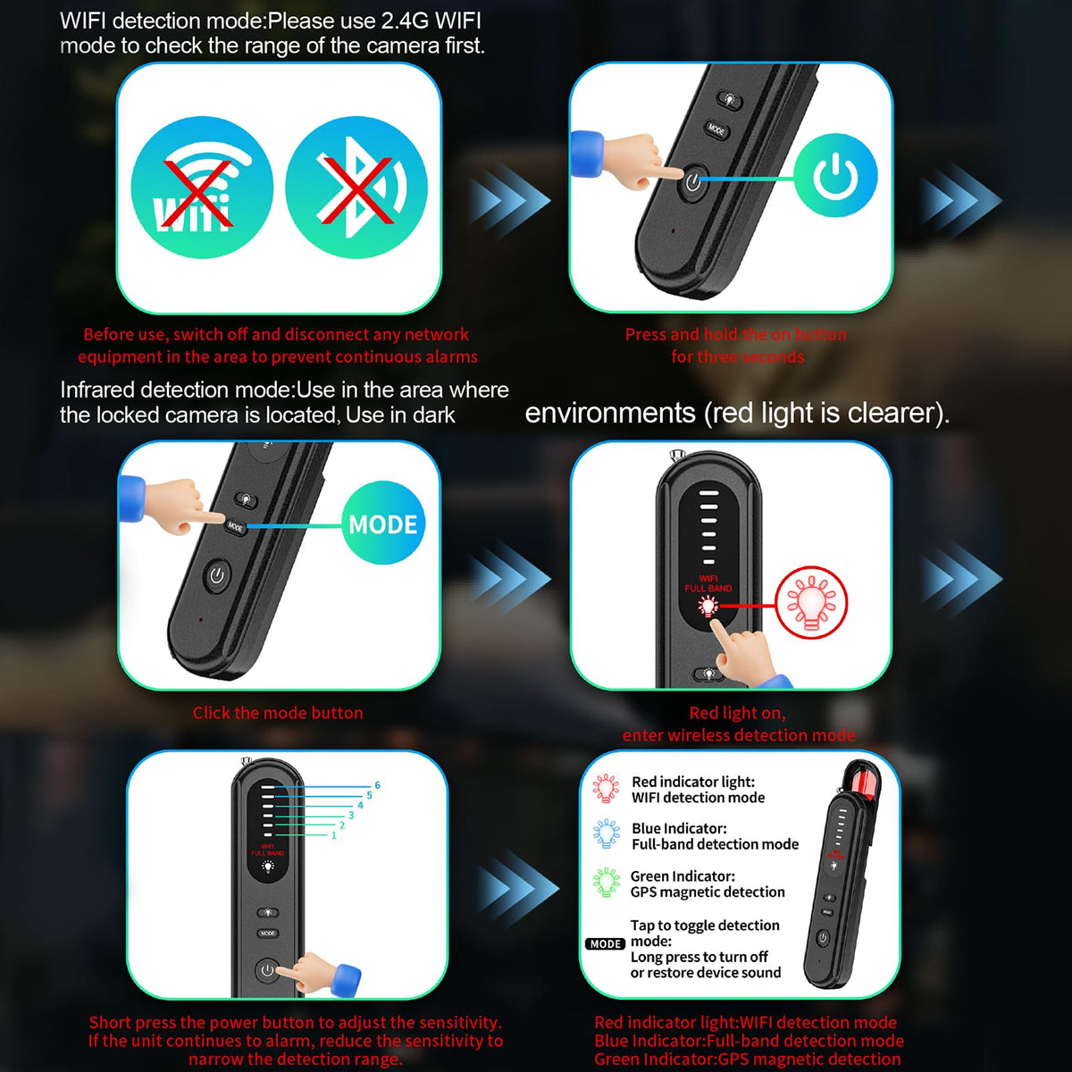 Aroeally Hidden Camera Detector identifies magnetic fields to find trackers.