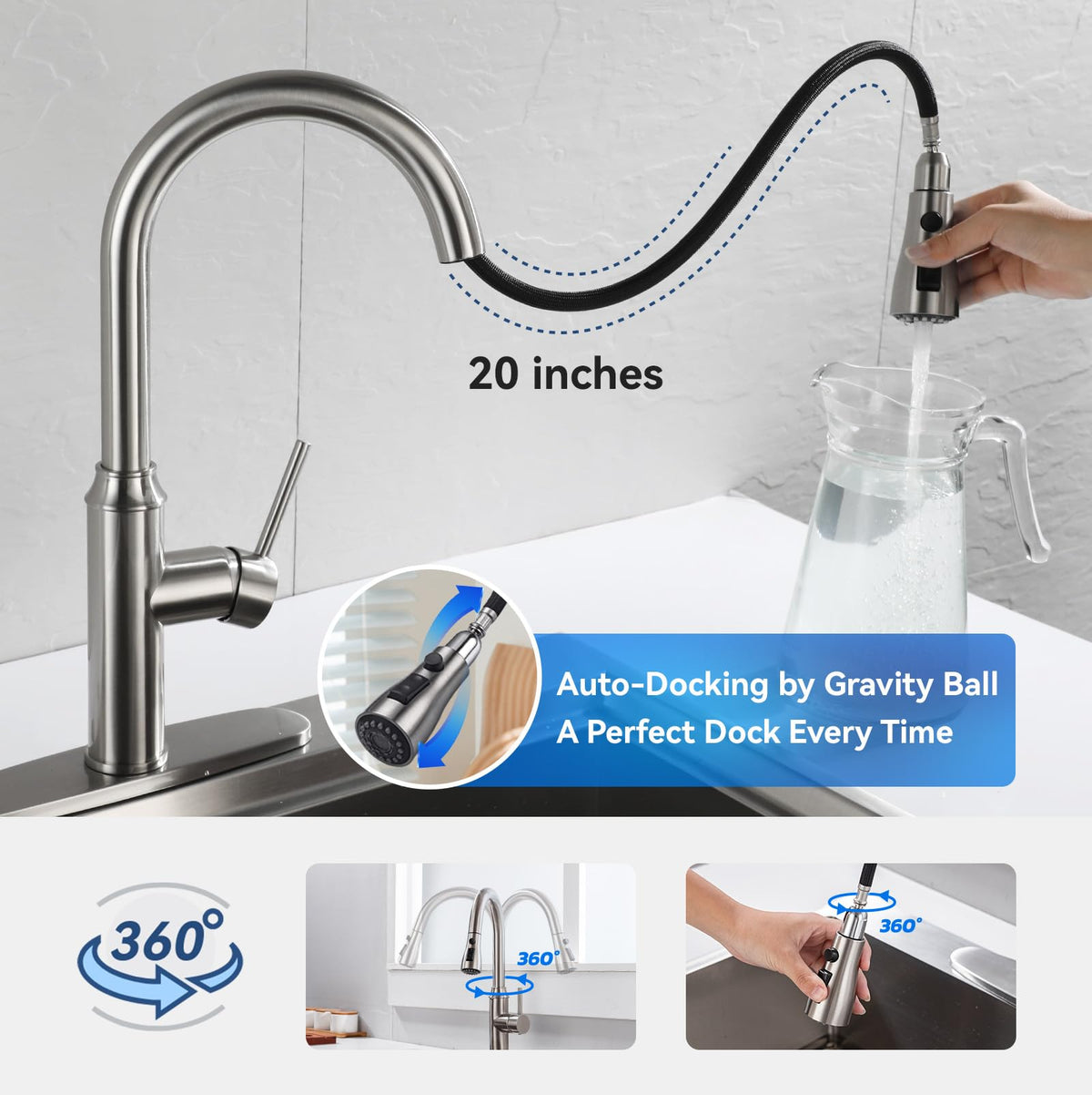 Arofa 20-inch hose reaches across the sink for thorough cleaning