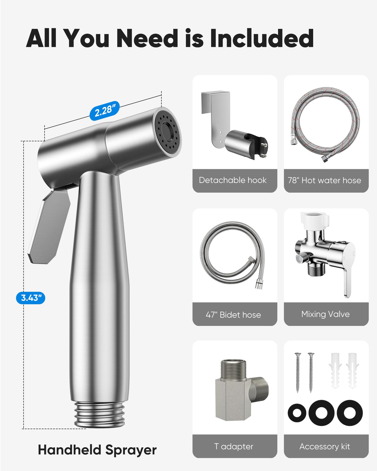 Arofa bidet sprayer brushed finish design complements any bathroom.
